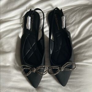 BCBGeneration Black Pointed Toe Slingback Flats with Crystal Bow